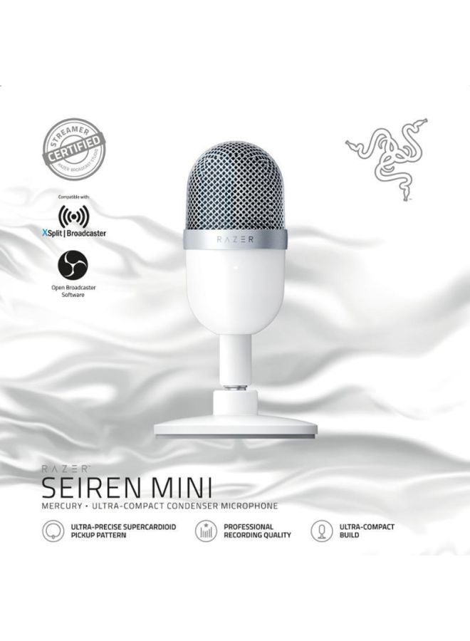 Seiren Mini USB Condenser Microphone: Professional Recording Quality, Precise Supercardioid Pickup Pattern, Tilting Stand, Shock Resistant, For Streaming and Gaming on PC - Mercury White