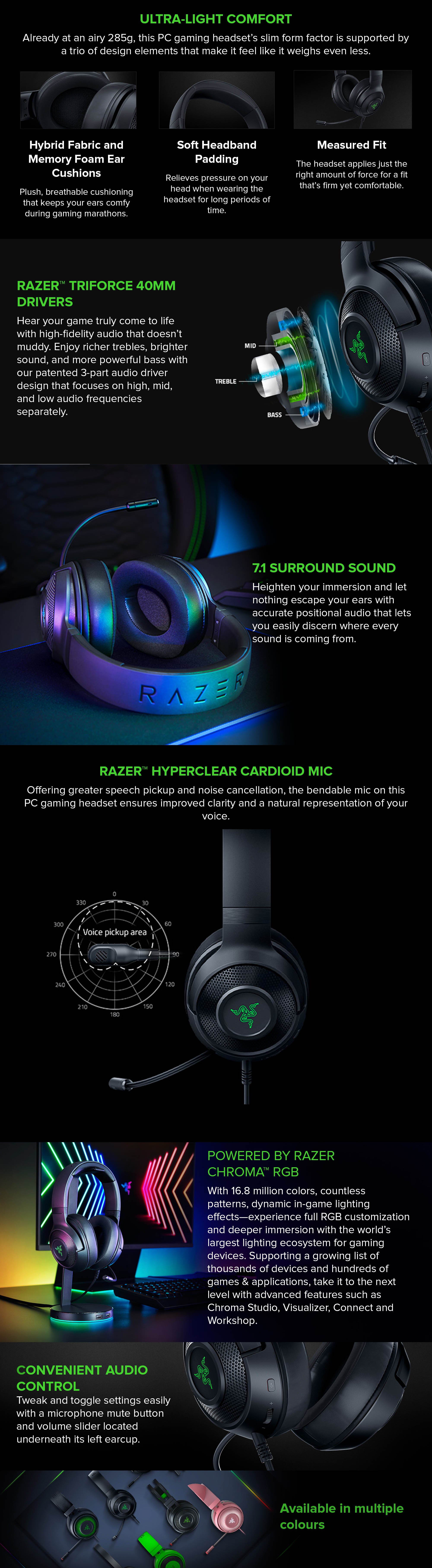 Razer Kraken V3 X Gaming Headset, 7.1 Surround Sound, Triforce 40mm Drivers, HyperClear Bendable Cardioid Mic, Chroma RGB Lighting, PC - Classic Black