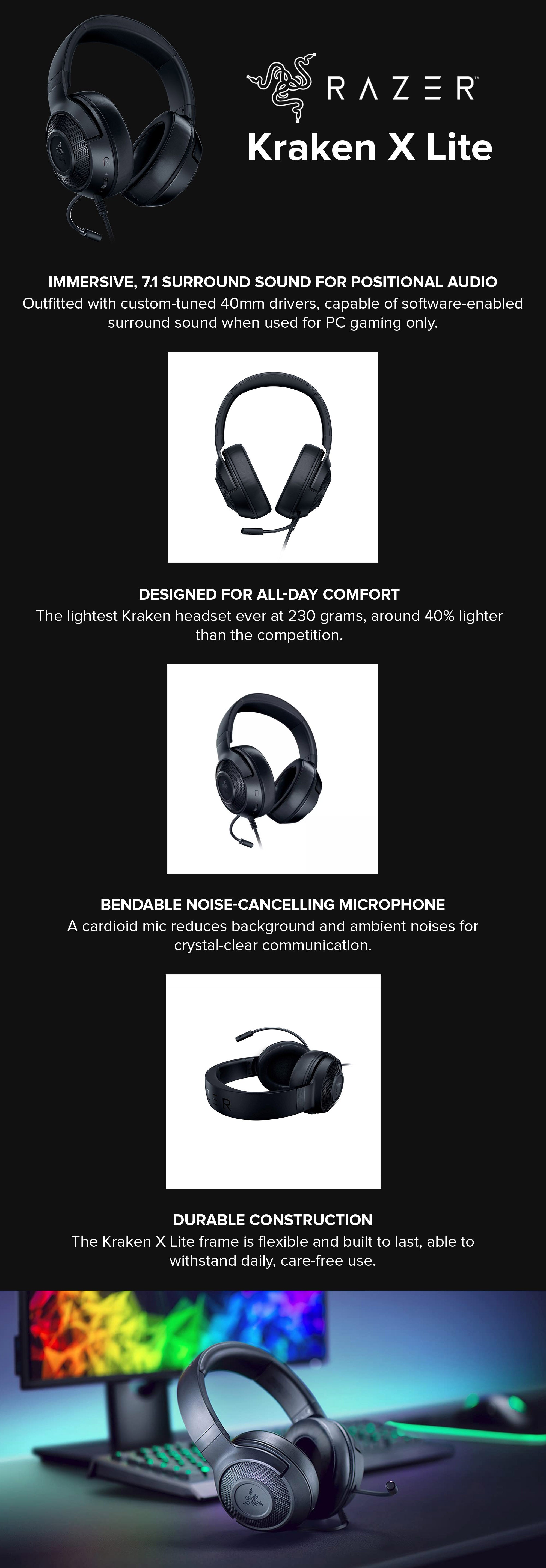 Kraken X Lite Ultralight Gaming Headset: 7.1 Surround Sound Capable - Lightweight Frame - Bendable Cardioid Microphone - for PC, Xbox, PS4, Nintendo Switch - Classic Black | RZ04-02950100-R381