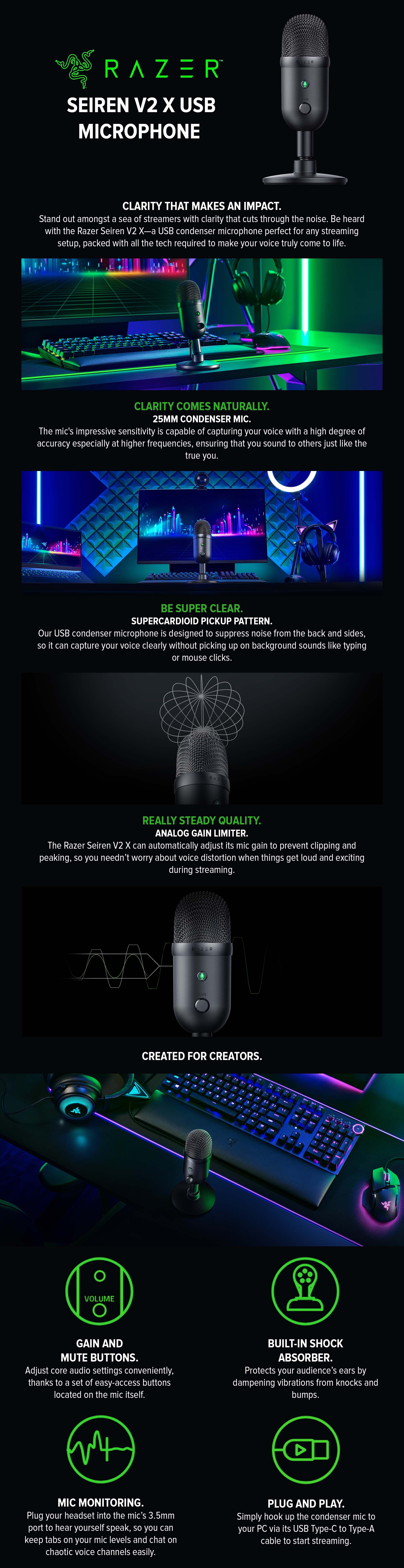 Razer Seiren V2 X USB Condenser Microphone for Streaming and Gaming on PC, Supercardioid Pickup Pattern, Integrated Digital Limiter, Mic Monitoring and Gain Control, Built-in Shock Absorber - Black