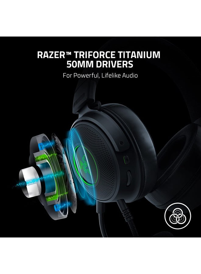 Razer Kraken V3 Wired USB Gaming Headset - Triforce Titanium 50mm Drivers, Hybrid Fabric & Leatherette Memory Foam Cushions, Detachable HyperClear Mic - Black