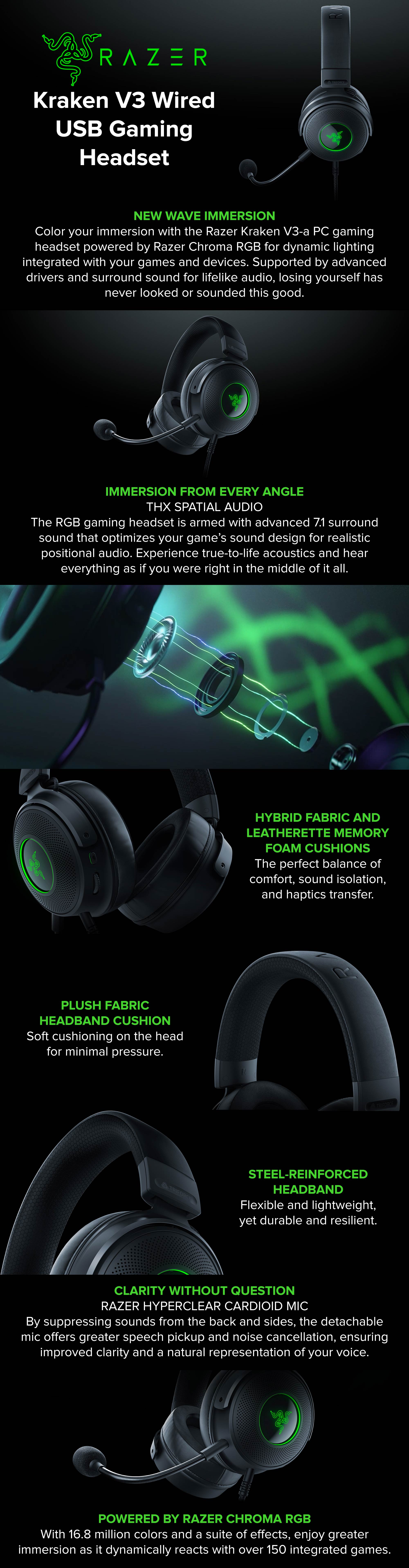 Razer Kraken V3 Wired USB Gaming Headset - Triforce Titanium 50mm Drivers, Hybrid Fabric & Leatherette Memory Foam Cushions, Detachable HyperClear Mic - Black