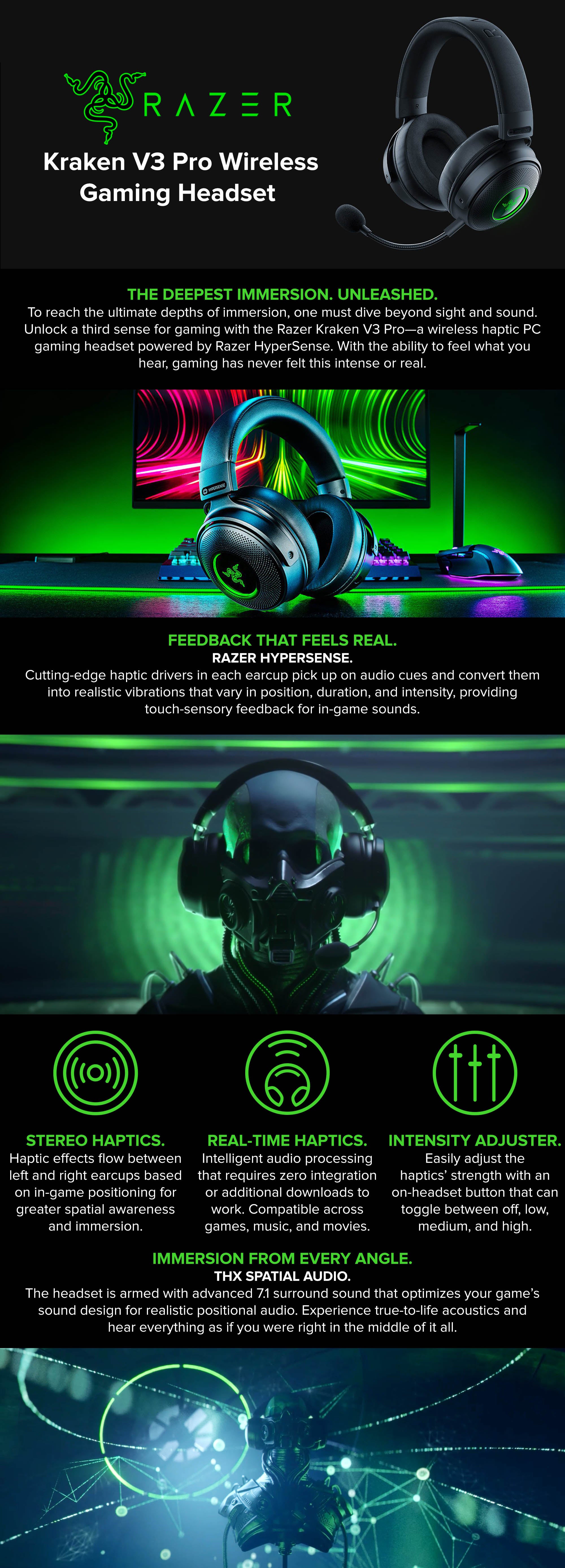 Kraken V3 Pro Wireless Gaming Headset: Haptic Technology, HyperSense, Passive noise cancellation, USB-A Wireless (2.4GHz), 3.5mm Analog, For PC, PS4, PS5, Nintendo Switch, Mobile, Xbox - Black