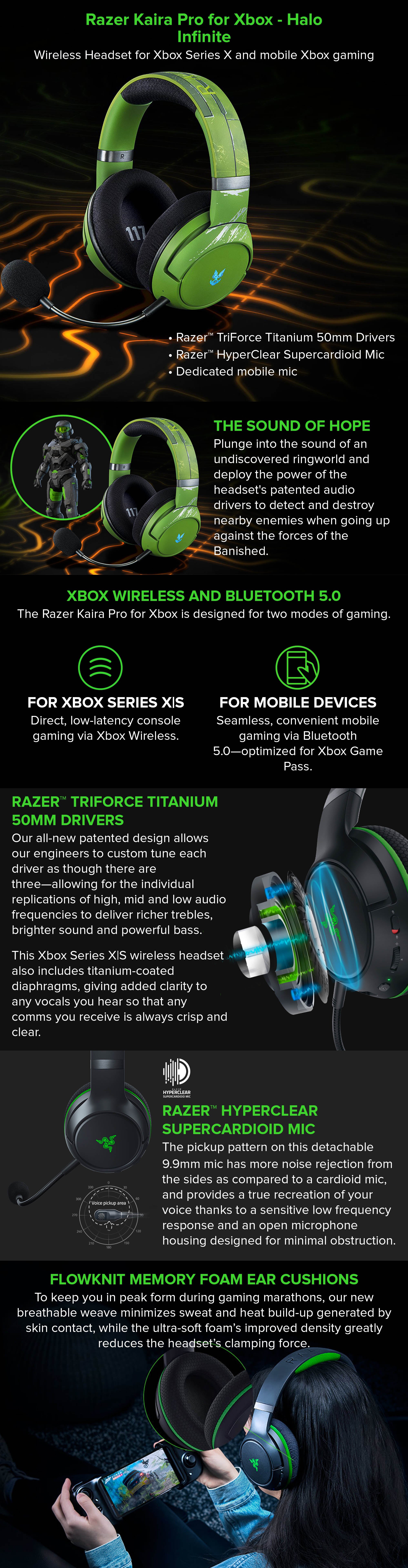 Kaira Pro Wireless Gaming Headset for Xbox Series X|S, Xbox One: Triforce Titanium 50mm Drivers - Dedicated Mobile Mic - EQ Pairing - Xbox Wireless & Bluetooth 5.0 - Halo Infinite