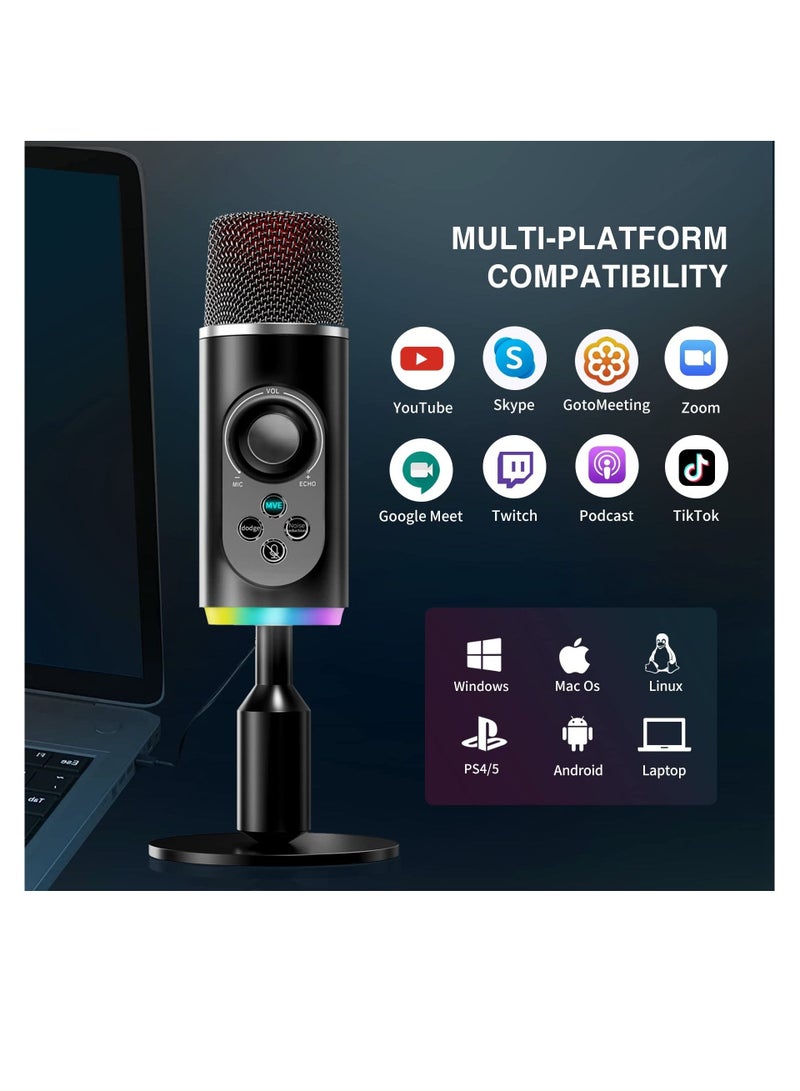 SYOSI USB Microphone, PC Gaming Microphone USB C Condenser Microphone with RGB Light Headphone Jack Mute Button for Live Streaming Podcast Video Meeting Have Noise canceling and superior sound pick