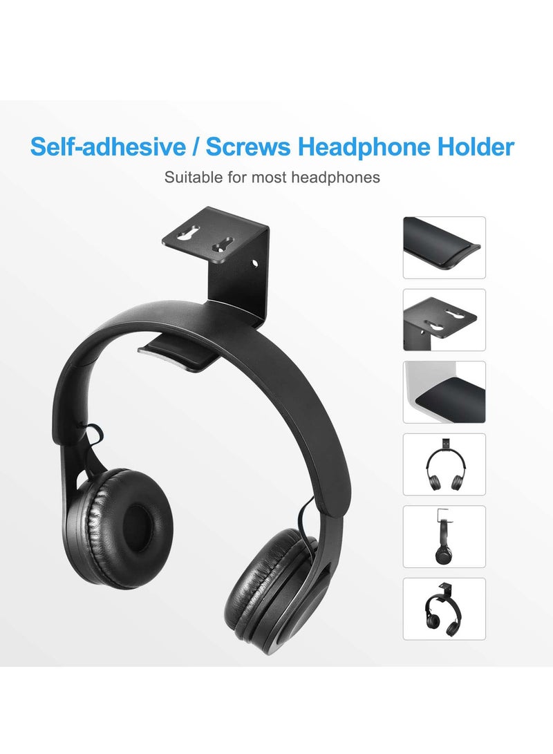 2 Pcs Headphone Stand, Under Desk Headphone Hanger 4 Pcs Screws Headphone Mount Hook with Silicone Pad Universal Headset Stand for Gaming Headset, Cables (Black)