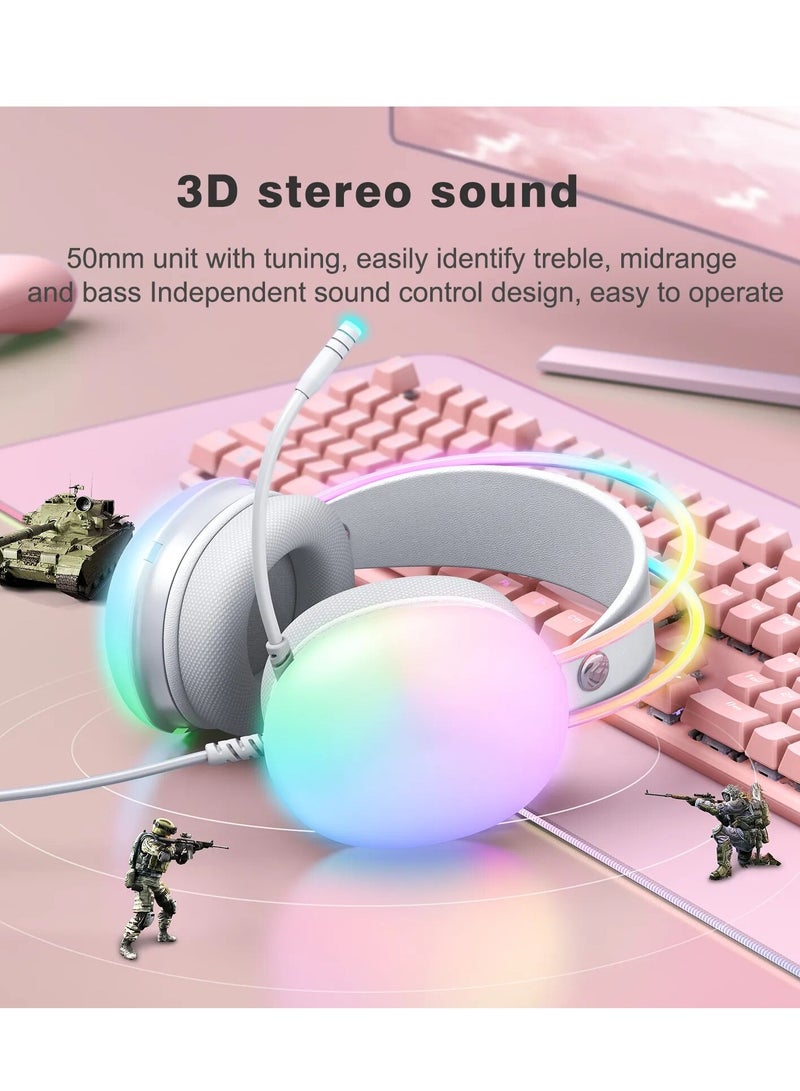 Wired RGB Rainbow Gaming Headset with Microphone for PS4/PS5/MAC/XBOX/Laptop, Lightweight 3.5mm Audio Over-Ear Headphones, Stereo Surround Sound, Auto-Adjusting Headband, 50mm Drivers