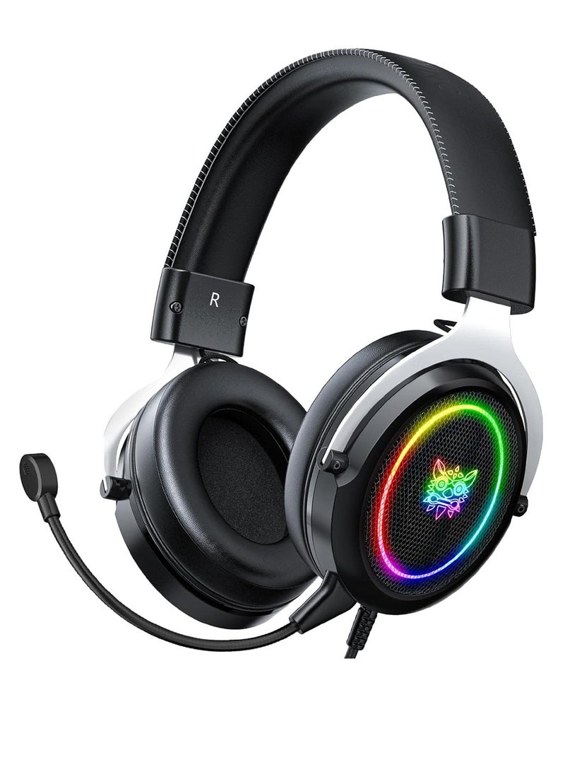 Wired Gaming Headsets RGB LED Headphones w/Mic for PS5/PS4 Black Silver