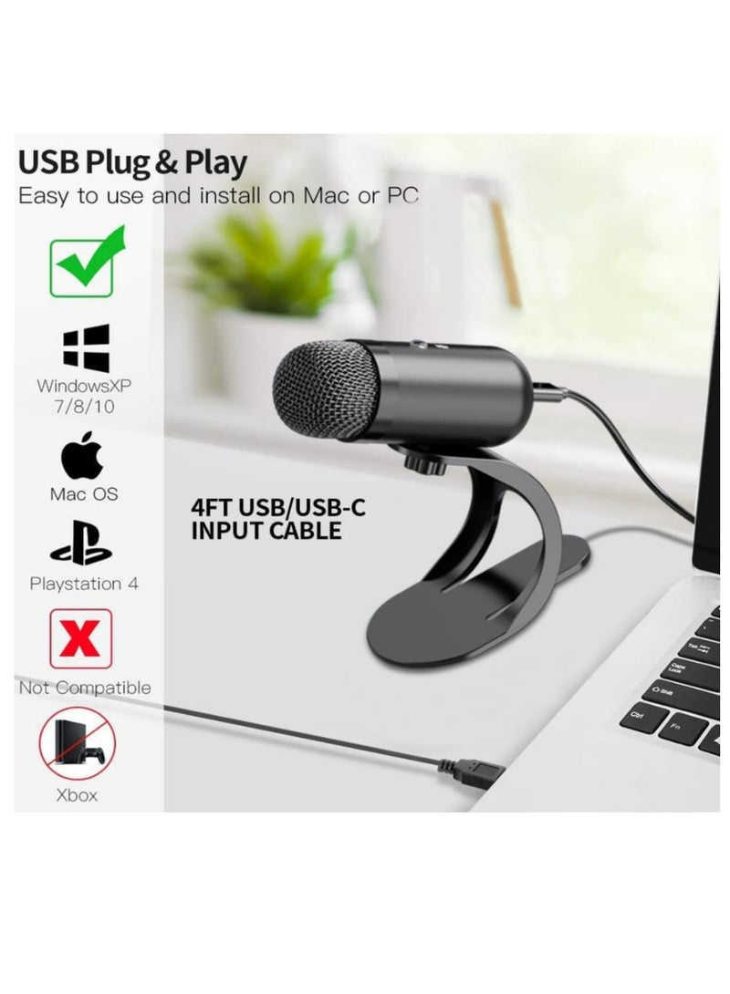 USB Computer Microphone, Podcast Mic Desktop with Mute Button for Recording Streaming, Omnidirectional Condenser, Plug&Play Stand with Volume Control for PC, Laptop, Mac, YouTube