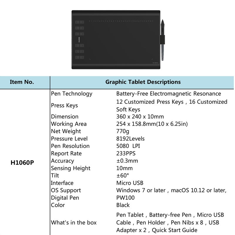 H1060P Graphic Drawing Tablet Black