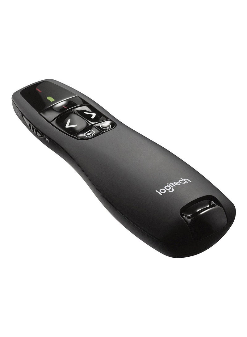 R400 Wireless Presentation Remote, 2.4 GHz, USB-Receiver, Red Laser Pointer, 15-Meter Operating Range, 6 Buttons, Intuitive Slideshow Control, Battery Indicator, PC Black