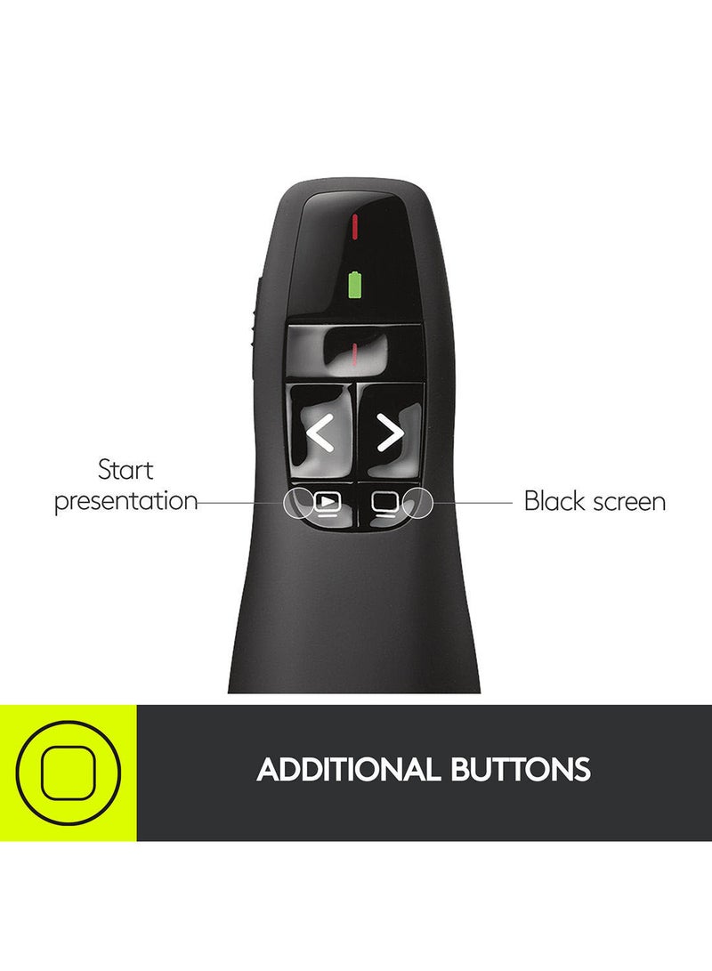 R400 Wireless Presentation Remote, 2.4 GHz, USB-Receiver, Red Laser Pointer, 15-Meter Operating Range, 6 Buttons, Intuitive Slideshow Control, Battery Indicator, PC Black