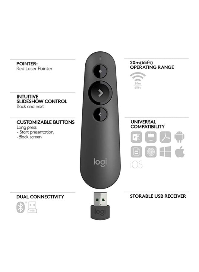 R500s Laser Presentation Remote, Bluetooth / 2.4GHz Wireless Connection, 20m Range, Integrated Laser Pointer, 910-005843 Graphite