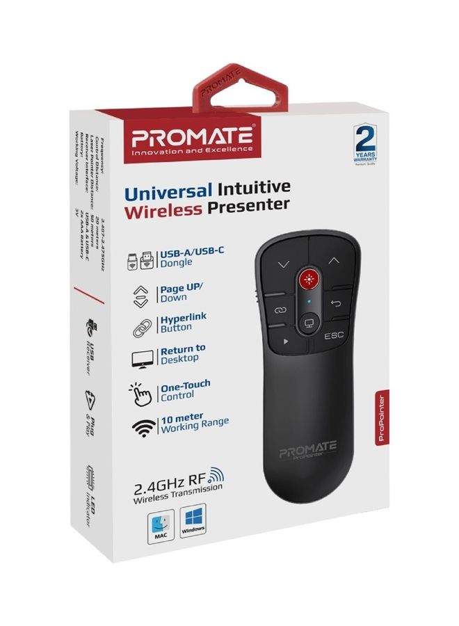 Laser Pointer Presenter, Universal Dual Dongle USB-C and USB-A PPT Presentation Presenter, 10m Working Range and Button Controls for Mac OS, Windows, ProPointer Black