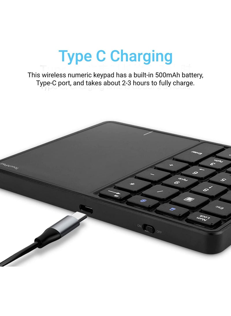 2.4G Wireless Numeric Keypad with Touchpad, 22 Keys Portable Bluetooth Number Pad, Financial Accounting USB C Rechargeable Number KeyboardBlack