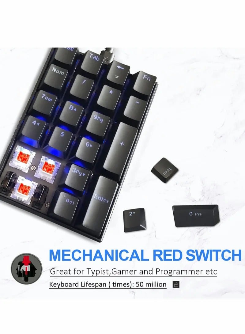 Number Pad Mechanical USB Wired Numeric Keypad with Blue LED Backlit 21 Key Numpad for Laptop Desktop Computer PC Black (Red Switches)