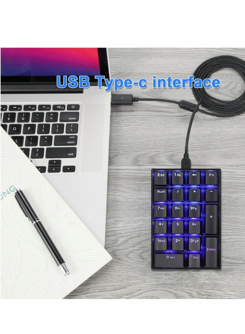 Number Pad Mechanical USB Wired Numeric Keypad with Blue LED Backlit 21 Key Numpad for Laptop Desktop Computer PC Black (Red Switches)