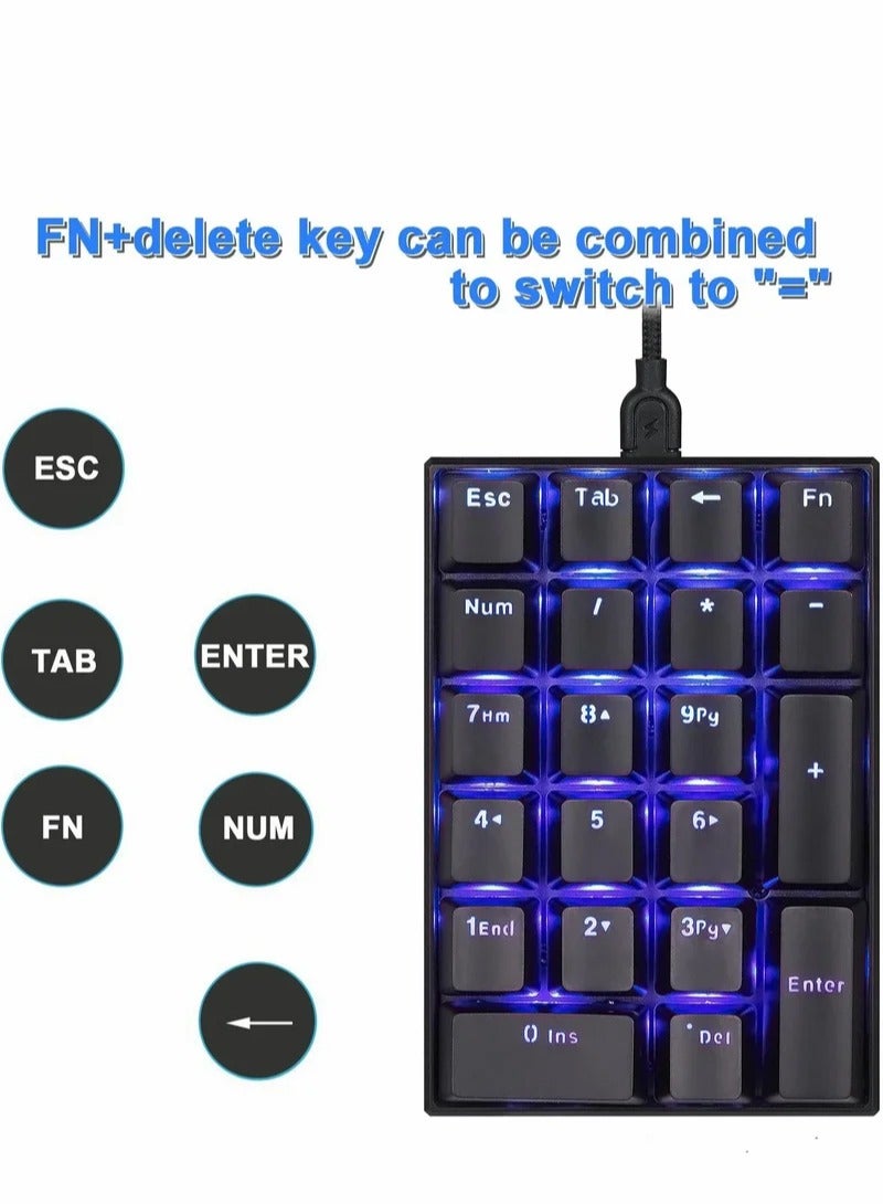 Number Pad Mechanical USB Wired Numeric Keypad with Blue LED Backlit 21 Key Numpad for Laptop Desktop Computer PC Black (Red Switches)