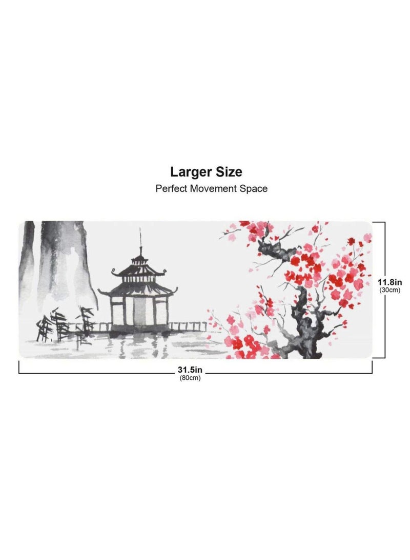 Art Gaming Mouse Pad, Gaming Mouse Pad Cherry Blossom, Stitched Edges Mousepad, Extended Large Mouse Mat Desk Pad, Long Non-Slip Rubber Base Mice Pad (31.5 x 11.8 inches)