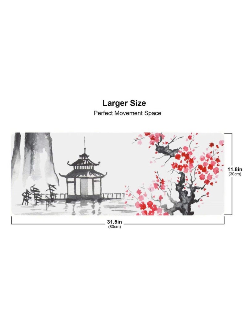 Art Gaming Mouse Pad, Gaming Mouse Pad Cherry Blossom, Stitched Edges Mousepad, Extended Large Mouse Mat Desk Pad, Long Non-Slip Rubber Base Mice Pad (31.5 x 11.8 inches)