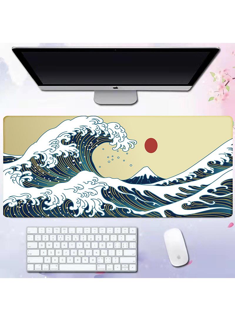 Sea Wave Pattern For Esports Games Gaming Mouse Pad Extended Large Mat Desk Pad Stitched Edges Mousepad Long Mouse Pad And Non-Slip Rubber Base Mice Pad 800X300X4mm