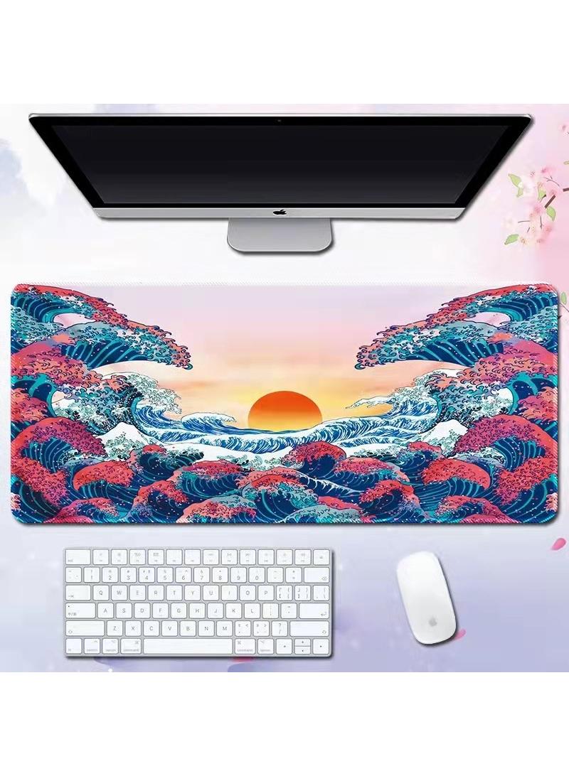 Sea Wave Pattern For Esports Games Gaming Mouse Pad Extended Large Mat Desk Pad Stitched Edges Mousepad Long Mouse Pad And Non-Slip Rubber Base Mice Pad 800X300X4mm