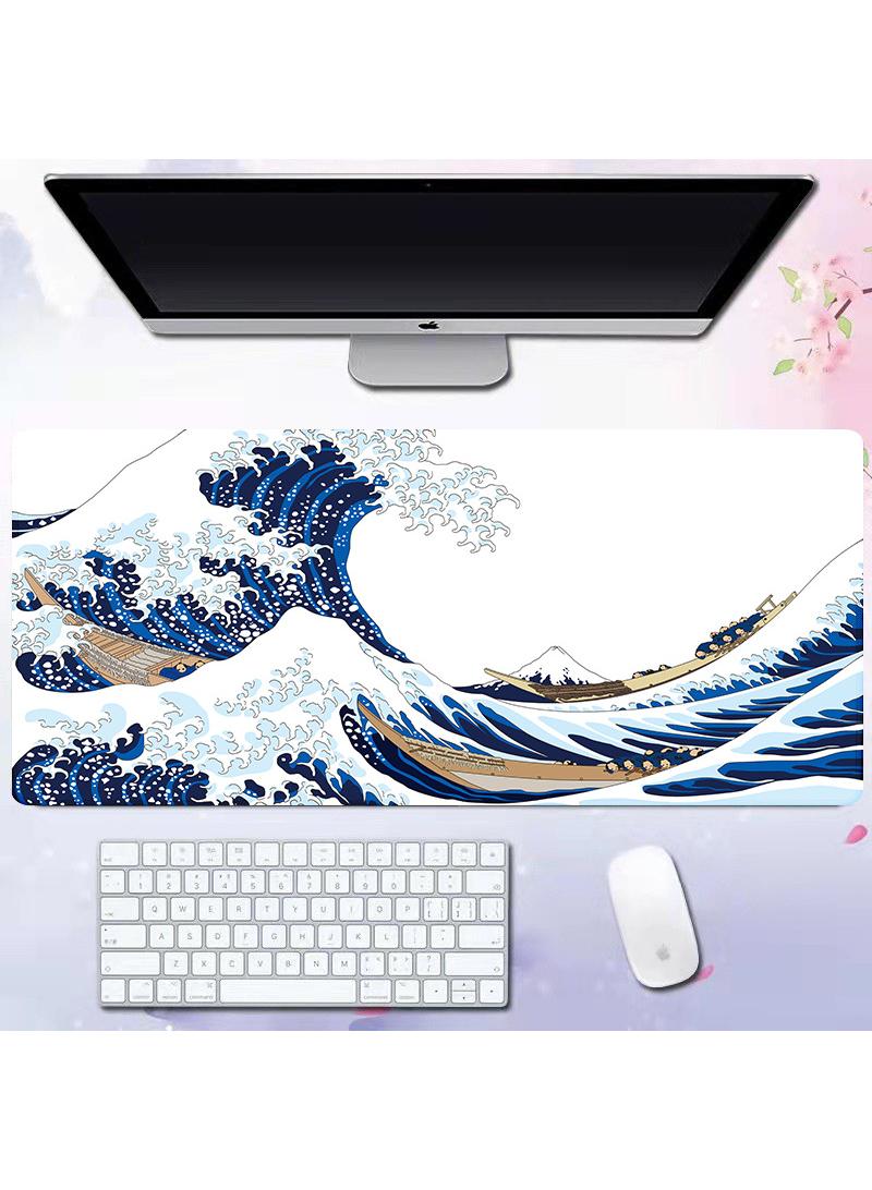 Sea Wave Pattern For Esports Games Gaming Mouse Pad Extended Large Mat Desk Pad Stitched Edges Mousepad Long Mouse Pad And Non-Slip Rubber Base Mice Pad 800X300X4mm