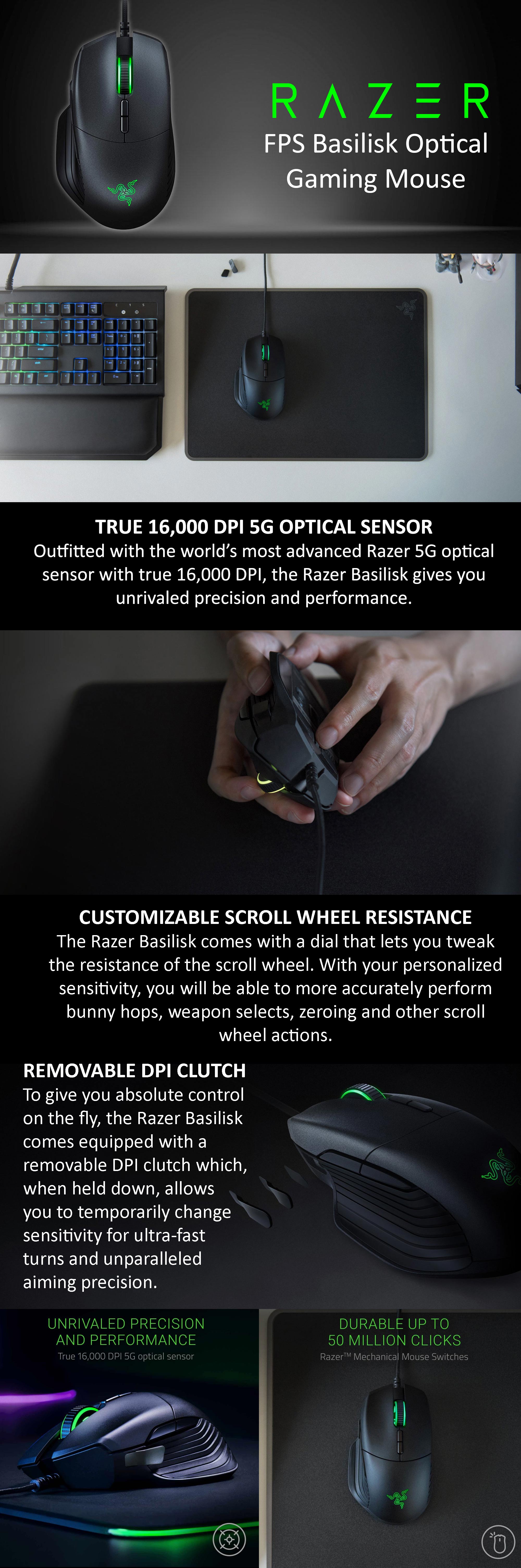 Basilisk Wired FPS Gaming Mouse With True 16000 DPI 5G Optical Sensor, Removable Switch, Customizable Scroll Wheel