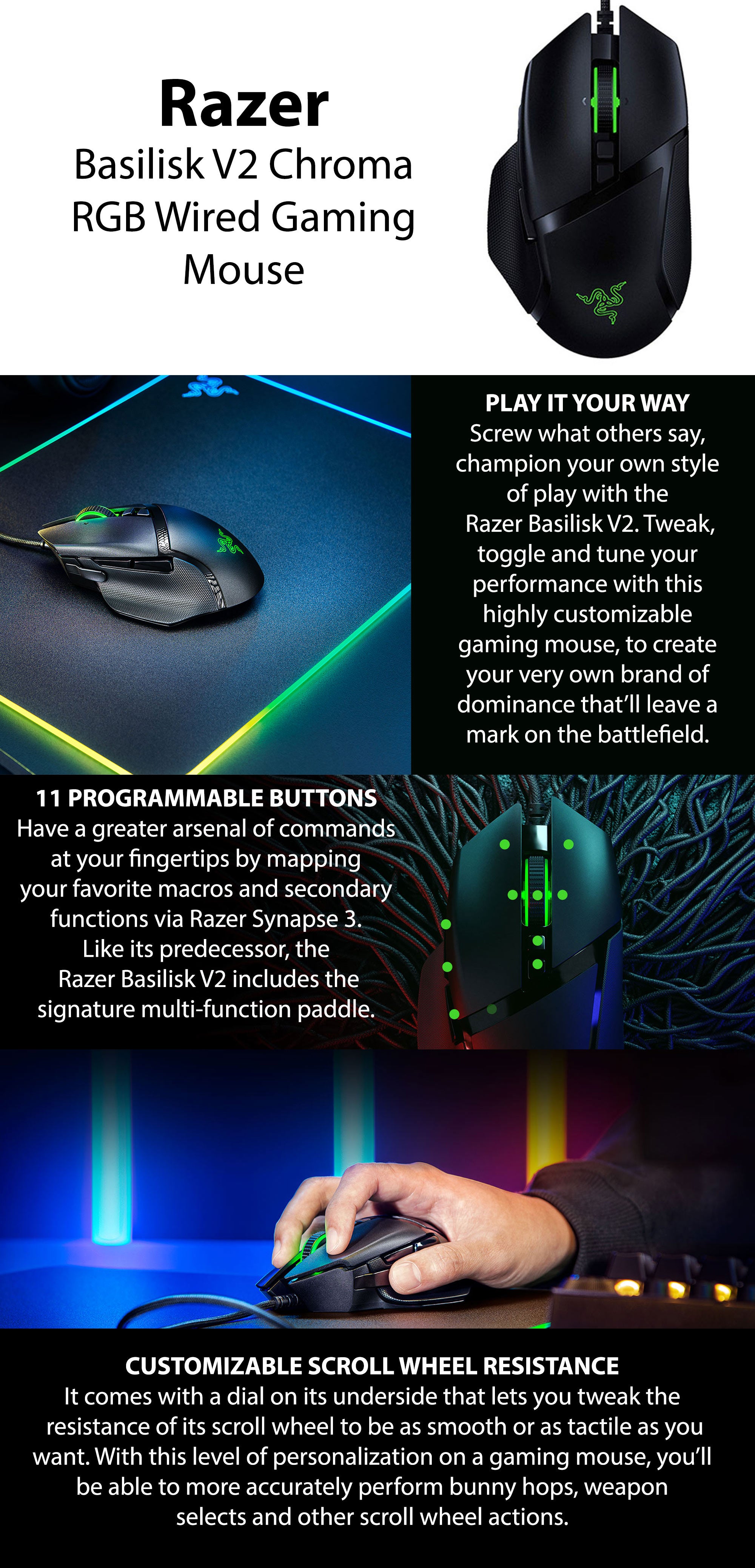 Razer Basilisk V2 Wired Gaming Mouse: 20K DPI Optical Sensor, Fastest Mouse Switch, Chroma RGB Lighting, 11 Programmable Buttons, Classic Black