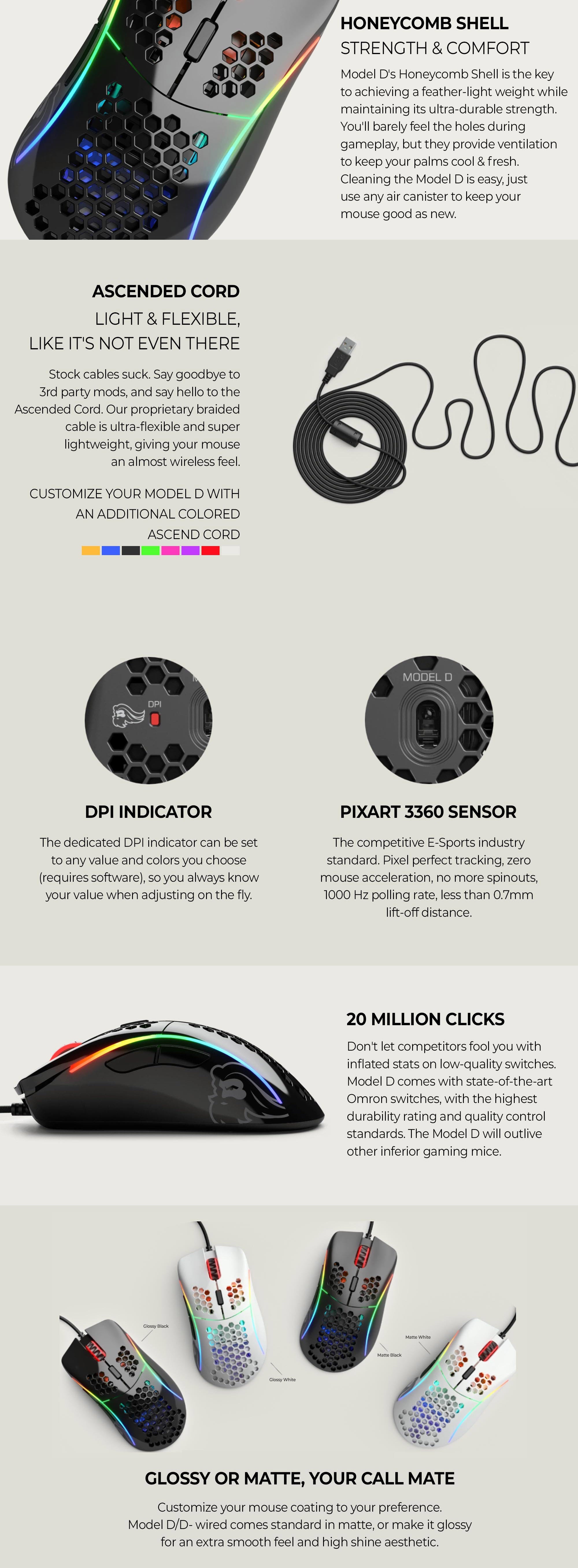 Glorious Model D Minus Honeycomb Gaming Mouse - Light Weight RGB PC Mouse - 61 g PC Accessories - USB Mouse Wired - Matte White Wired Gaming Mouse