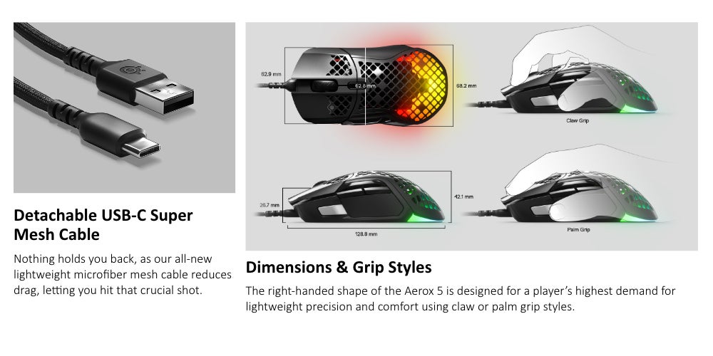 Aerox 5 Wired Mouse, 40G Acceleration, 18000 in 100 CPI Increments, Ultra Lightweight, 3 RGB Zones, IP54 Switches with Over 80M Click, 9 Buttons, 180H Battery Life, Black | 62401