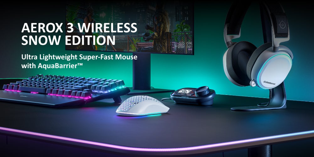 Aerox 3 Wireless Gaming Mouse, 40G Acceleration, 18000 DPI Optical Sensor, Ultra Lightweight, Water Resistant Design, Bluetooth 5.0, 200 Hour Battery Life, USB-C, Snow White | 62608