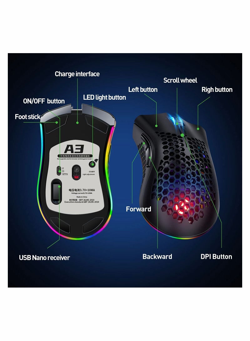 Wireless Gaming Mouse, Gaming Mice with Honeycomb Shell, 7 Sensitive Buttons, RGB Backlight, 3 Adjustable DPI, Ergonomic USB Optical Wireless Mouse for Laptop, PC, Computer, MacBook