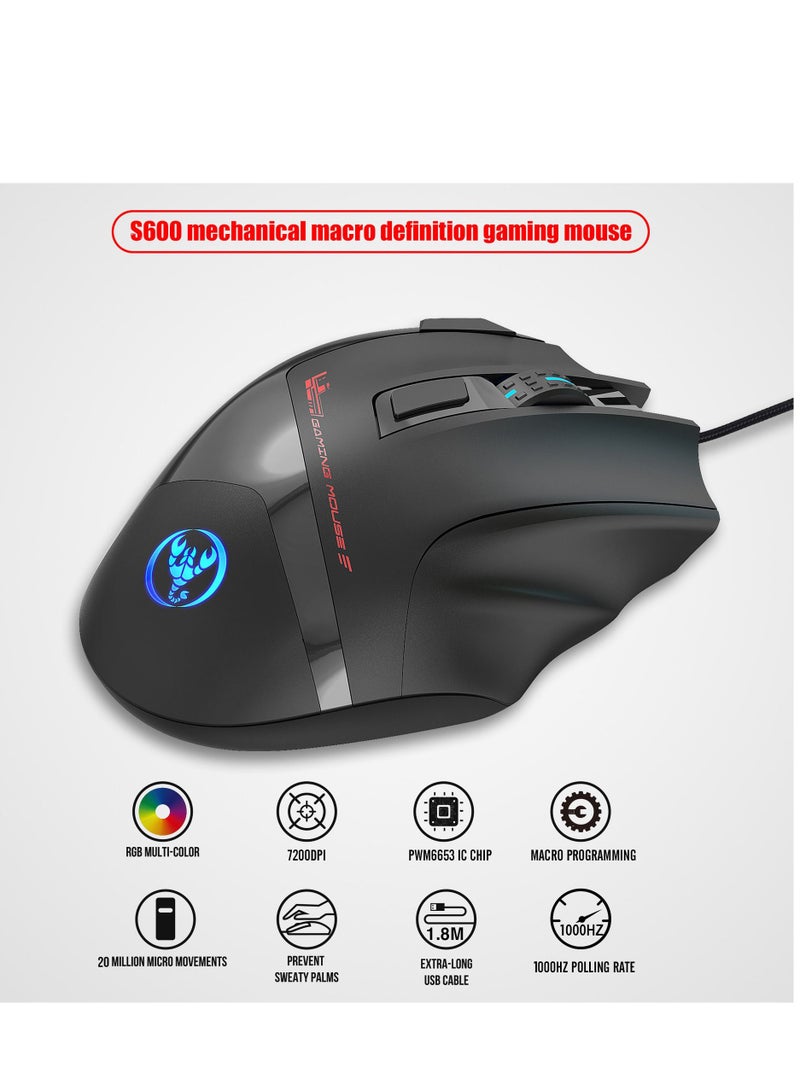 S600 Wired Mouse 9 Button 7200 DPI RGB Backlit Gaming Mice For PC and Computer Gamer