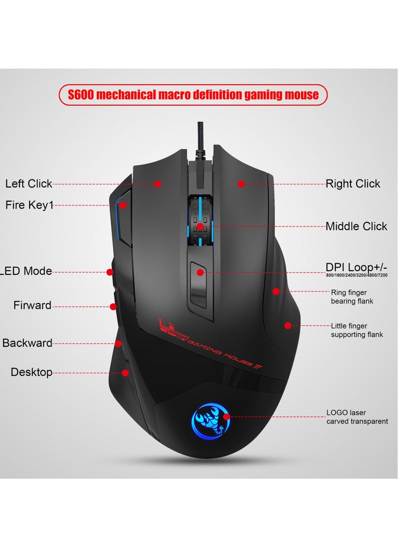 S600 Wired Mouse 9 Button 7200 DPI RGB Backlit Gaming Mice For PC and Computer Gamer