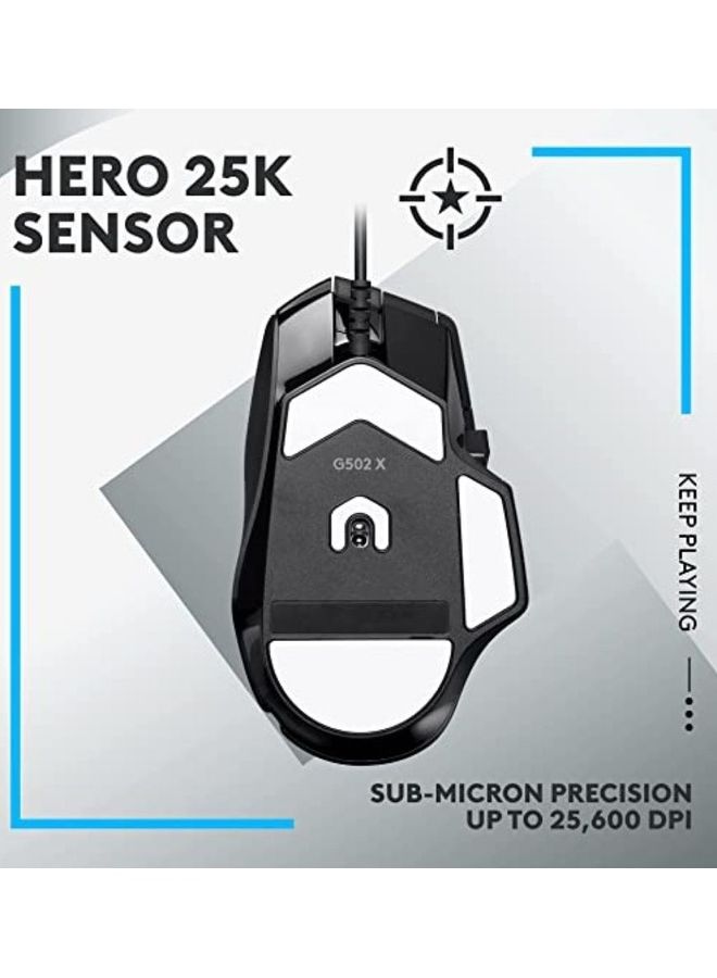 Logitech G502 X Wired Gaming Mouse - LIGHTFORCE hybrid optical-mechanical primary switches, HERO 25K gaming sensor, compatible with PC - macOS/Windows - Black