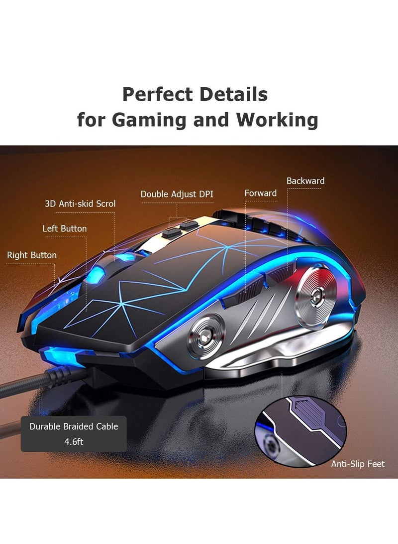 Gaming Mouse USB Wired RGB Backlit Silent Click Gamer Mouse with 4 Adjustable DPI Up to 3200, Comfortable Grip Ergonomic Optical Gaming Mice for Laptop PC Gamer Computer