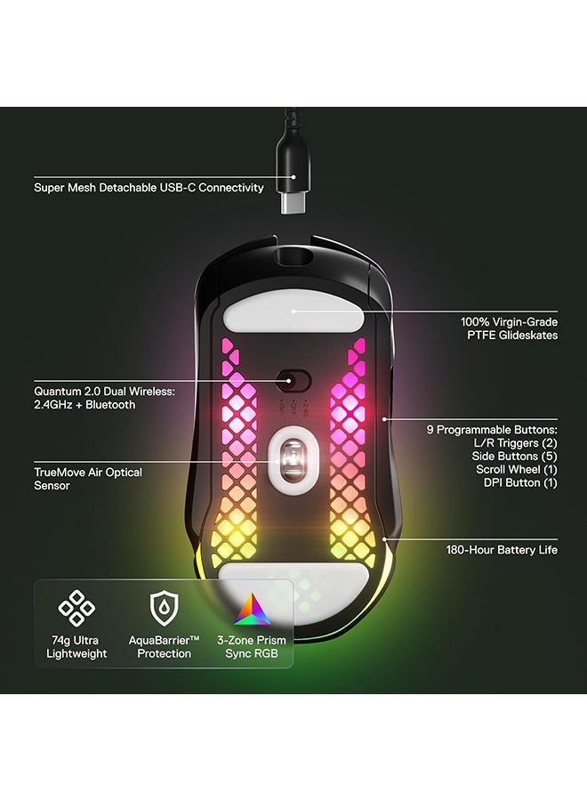 Aerox 5 Wireless Mouse, 40G Acceleration, 18000 in 100 CPI Increments, Ultra Lightweight, 3 RGB Zones, IP54 Switches with Over 80M Click, Bluetooth 5.0, 180H Battery Life, Black | 62406