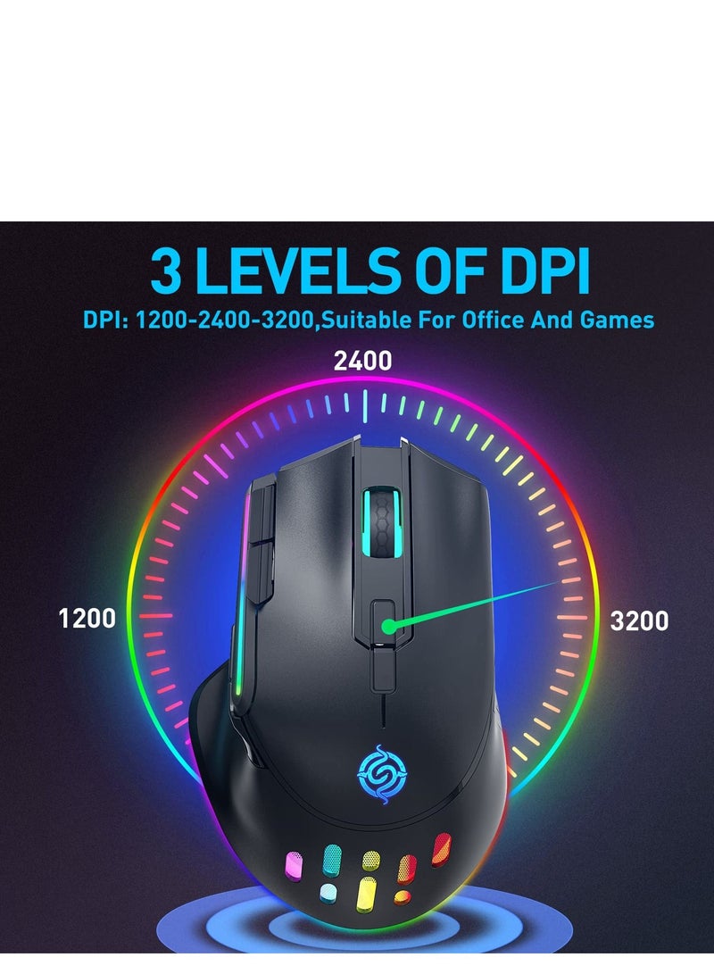 Wireless Gaming Mouse, Wired and Wireless Dual Modes Rechargeable RGB Gaming Mouse with 7 Buttons, Ergonomic and 3 Adjustable DPI Levels up to 3200 DPI for PC Laptop Gamer (Black)