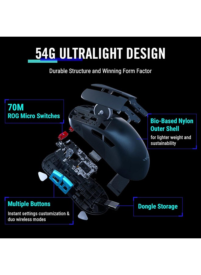 P713 ROG Harpe Gaming Wireless Mouse, Ace Aim Lab Edition, 54g Ultra-Lightweight, 36,000 DPI Sensor, 5 Programmable Buttons, Tri-Mode Connectivity (2.4GHz RF, Bluetooth, Wired), SpeedNova, Black