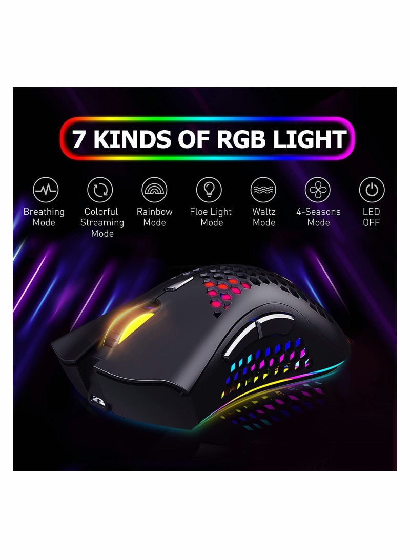 Wireless Gaming Mouse, Mice with Honeycomb Shell, 7 Sensitive Buttons, RGB Backlight, 3 Adjustable DPI, Ergonomic USB Optical Mouse for Laptop, PC, Computer, MacBook