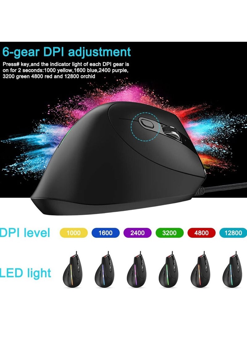 SYOSI Vertical Wired Mouse, Ergonomic Gaming Mouse with 9 Programmable Buttons and RGB Lights, 12800 Max Adjustable DPI for Gamer
