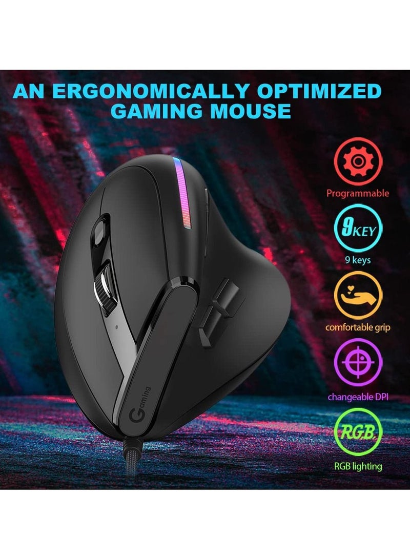 SYOSI Vertical Wired Mouse, Ergonomic Gaming Mouse with 9 Programmable Buttons and RGB Lights, 12800 Max Adjustable DPI for Gamer