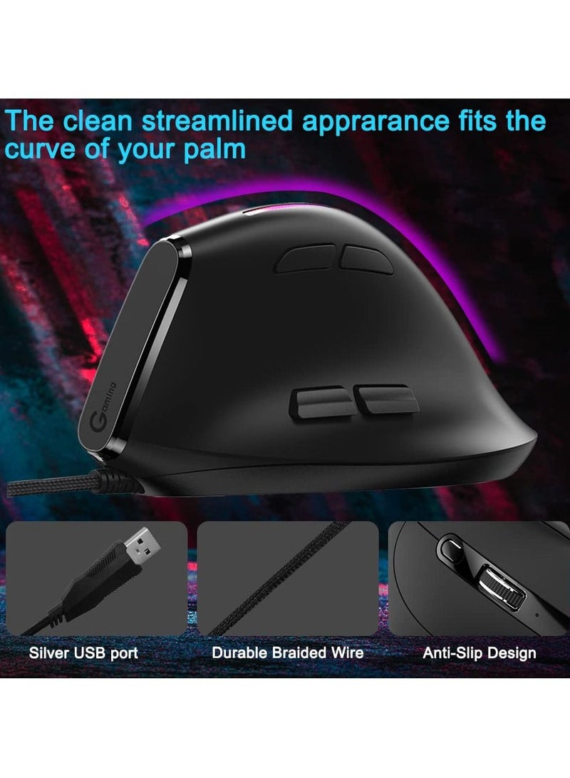 SYOSI Vertical Wired Mouse, Ergonomic Gaming Mouse with 9 Programmable Buttons and RGB Lights, 12800 Max Adjustable DPI for Gamer