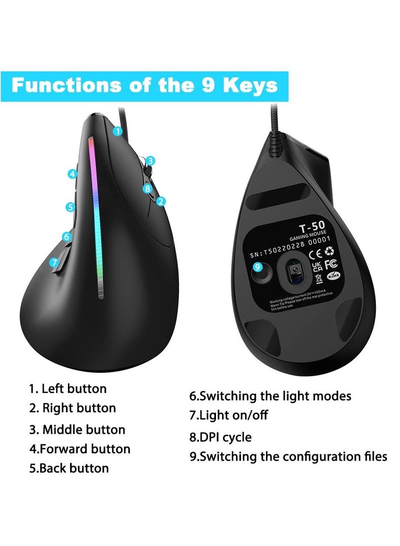 SYOSI Vertical Wired Mouse, Ergonomic Gaming Mouse with 9 Programmable Buttons and RGB Lights, 12800 Max Adjustable DPI for Gamer