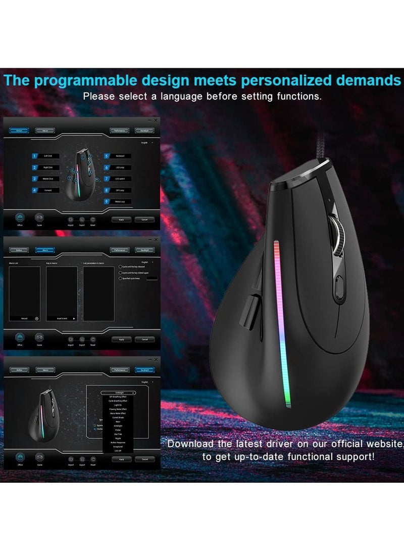 SYOSI Vertical Wired Mouse, Ergonomic Gaming Mouse with 9 Programmable Buttons and RGB Lights, 12800 Max Adjustable DPI for Gamer