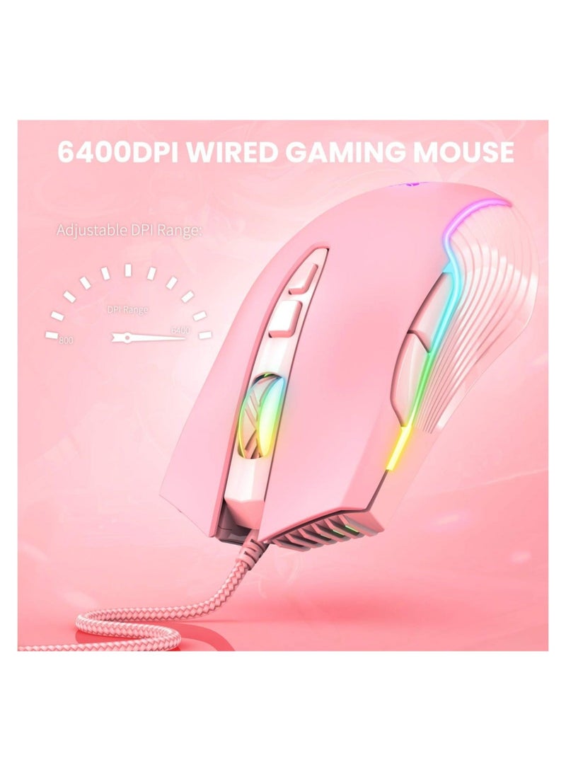 RGB 6400 DPI Wired Gaming Mouse Breathing LED Optical USB 7 Buttons Gamer Computer Pink Mice for Laptop PC Desktop