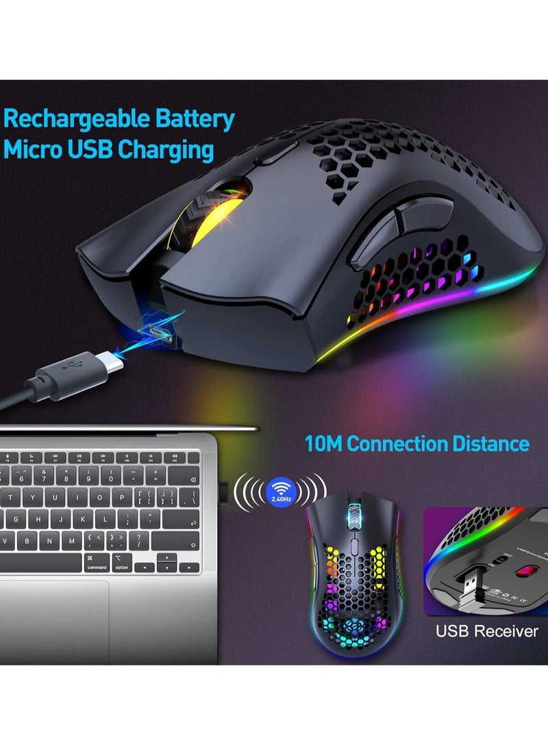 BM600 Wireless Lightweight Computer Gaming Mouse, 2.4G Wireless Rechargeable, Cellular Case, USB Receiver, Adjustable DPI, Ergonomic RGB Gaming Mouse.