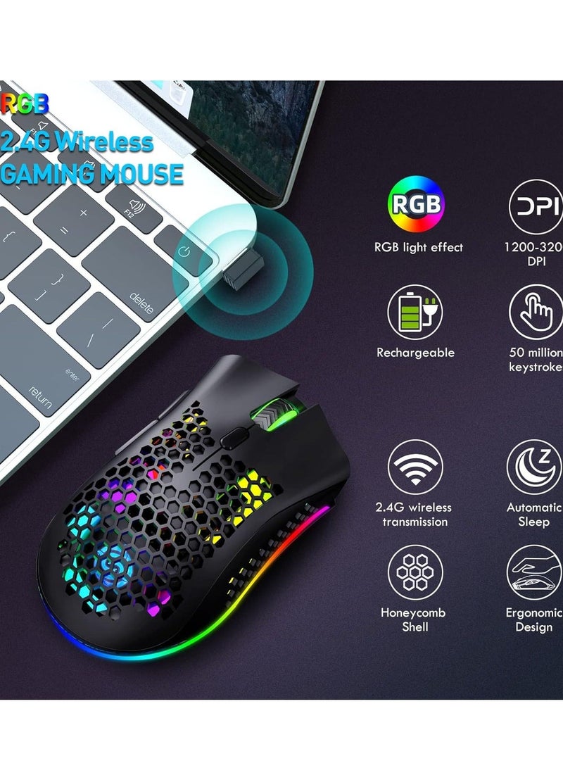 BM600 Wireless Lightweight Computer Gaming Mouse, 2.4G Wireless Rechargeable, Cellular Case, USB Receiver, Adjustable DPI, Ergonomic RGB Gaming Mouse.