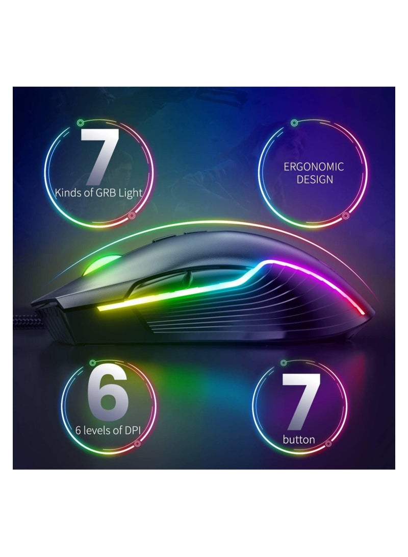 RGB 6400 DPI Wired Gaming Mouse Breathing LED Optical USB 7 Buttons Gamer Computer Pink Mice for Laptop PC Desktop